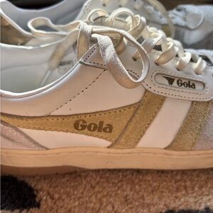Gola White and Light Tan Suede-Accent Sneakers